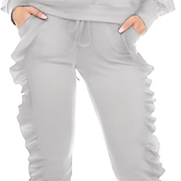 Casual Elegance: Puff Sleeve Top & Ruffle Pants Sweatsuit for Women - XX-Large - Picture 2 of 6